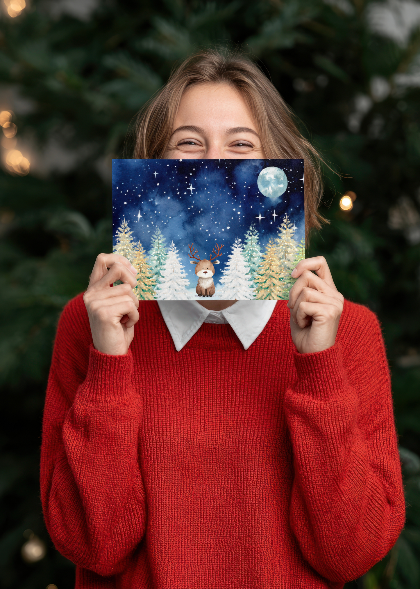 Christmas Card - Cute Reindeer Starry Winter Landscape