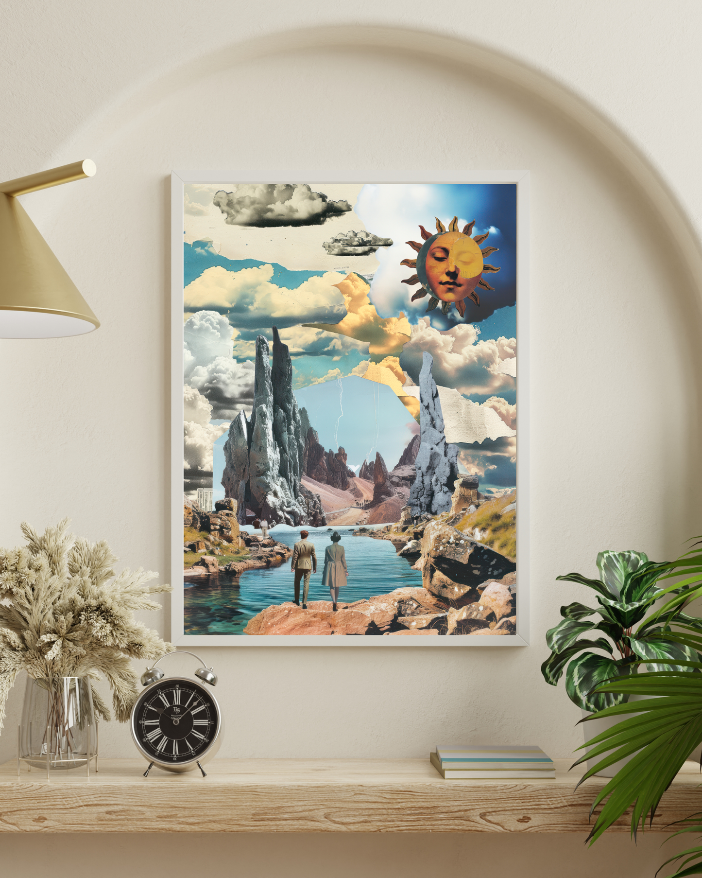 Wall Art Print - Surreal Portal Collage, Dreamscape with Vintage Figures, Cosmic Sun & Fantasy Mountainscape-By The Bard