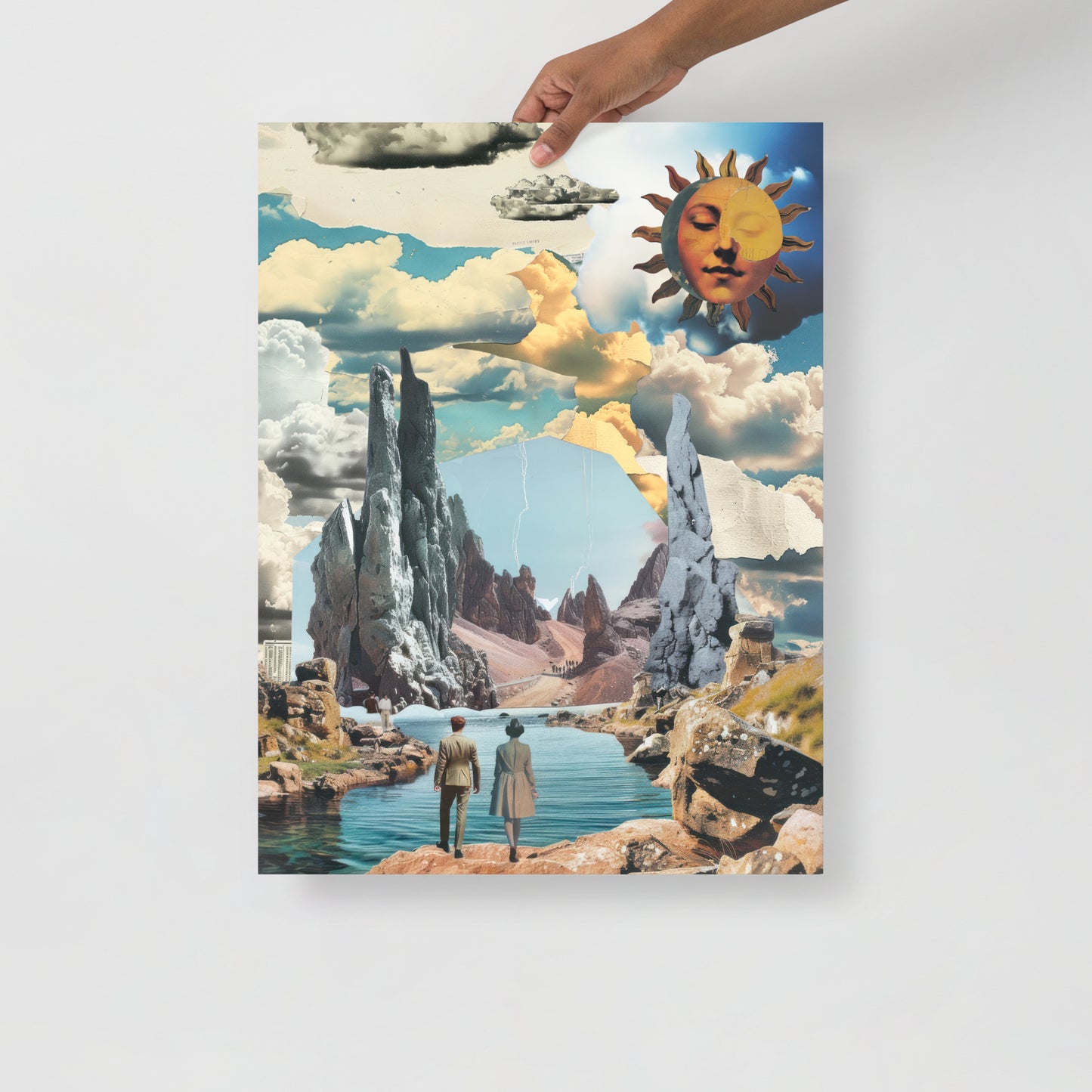 Wall Art Print - Surreal Portal Collage, Dreamscape with Vintage Figures, Cosmic Sun & Fantasy Mountainscape-By The Bard