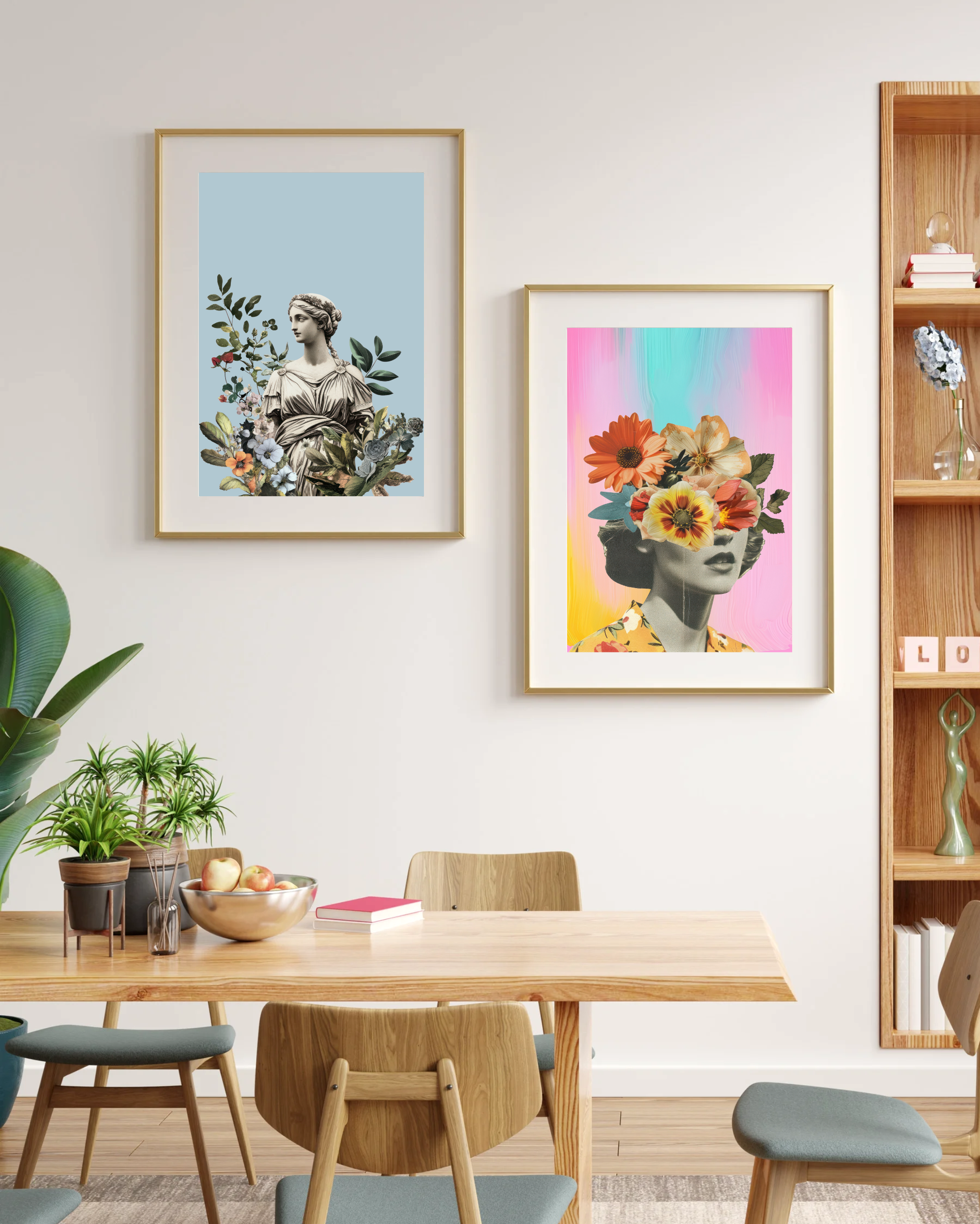 “Two framed wall art prints on a white wall above a wooden dining table: one features a classical statue with floral collage on blue, the other a vintage woman with colorful flowers and rainbow background. Modern scandi-style room with plants and books.”