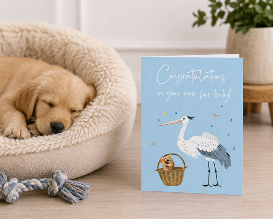 Greetings Card - New Pet Stork and Puppy Card