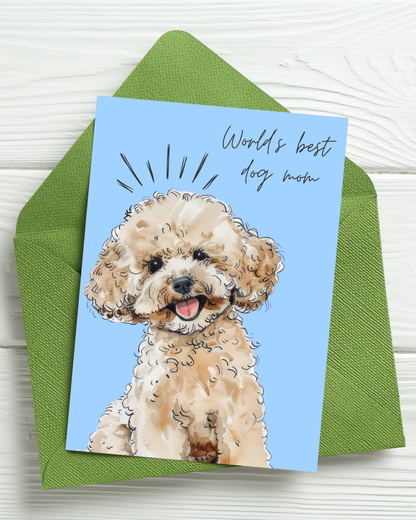 Greetings Card -   World's Best Dog Mom Card | Illustrated Cockapoo Greeting Card for Dog Lovers