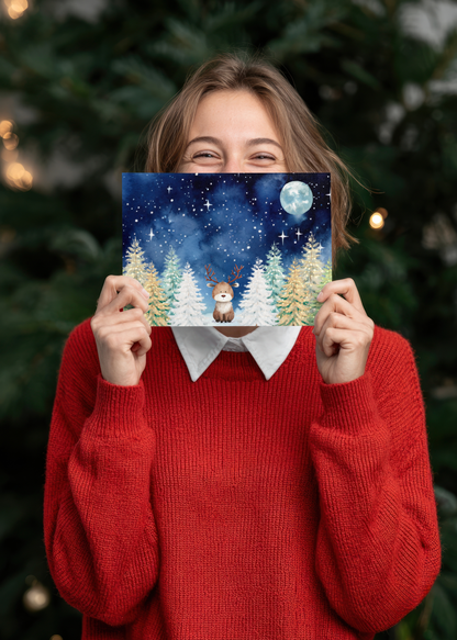 Christmas Card -  Cute Reindeer Starry Winter Landscape