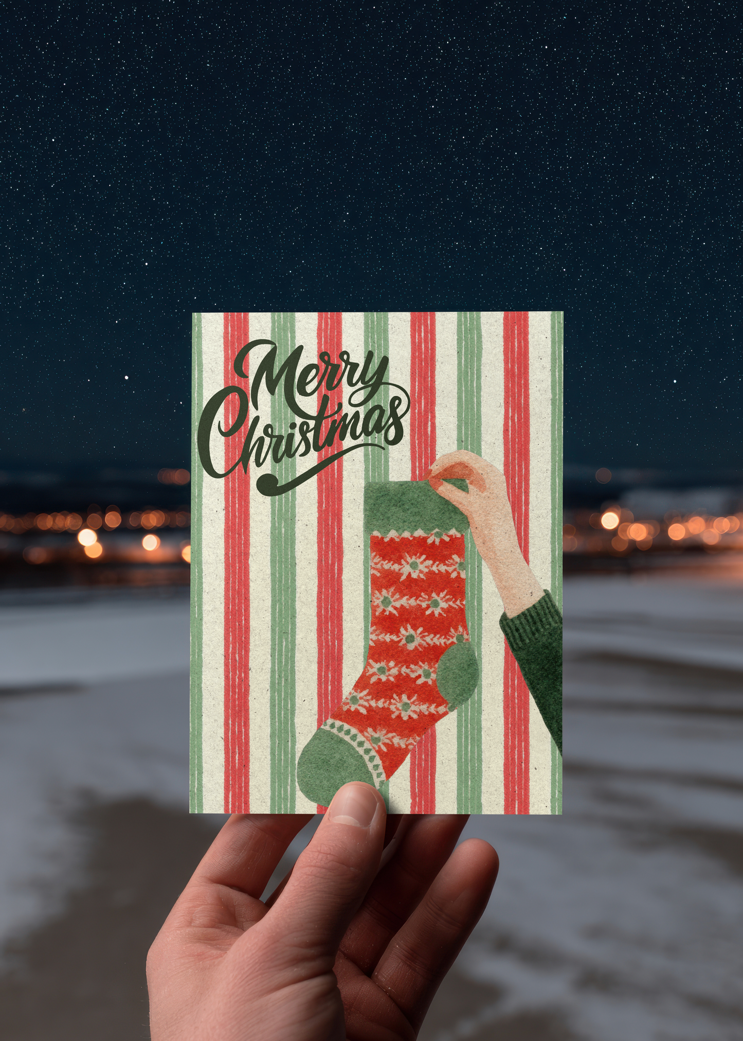 Christmas Card - Retro Merry Christmas Stocking Greeting Card Cosy Festive Striped Design