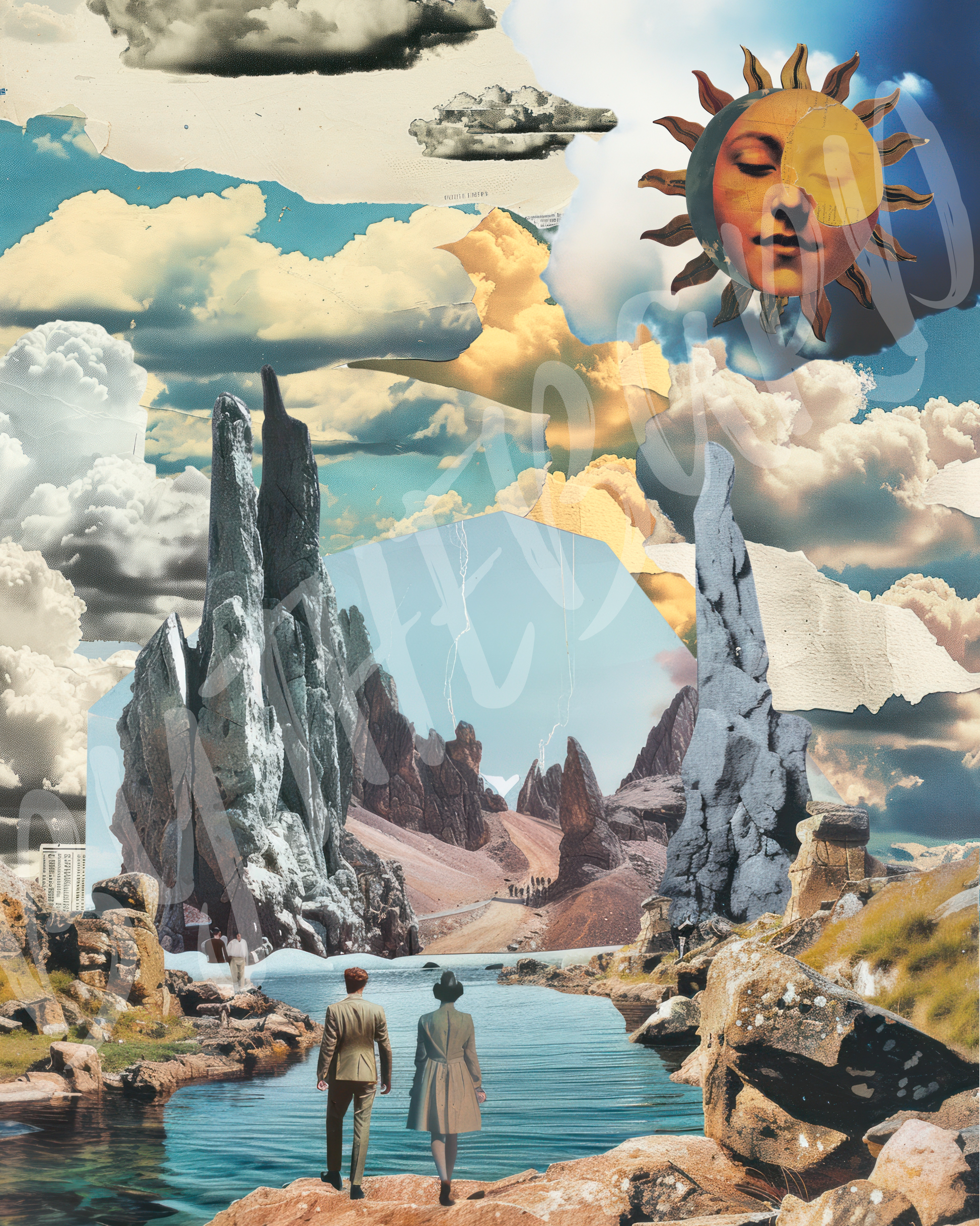 Wall Art Print - Surreal Portal Collage, Dreamscape with Vintage Figures, Cosmic Sun & Fantasy Mountainscape-By The Bard