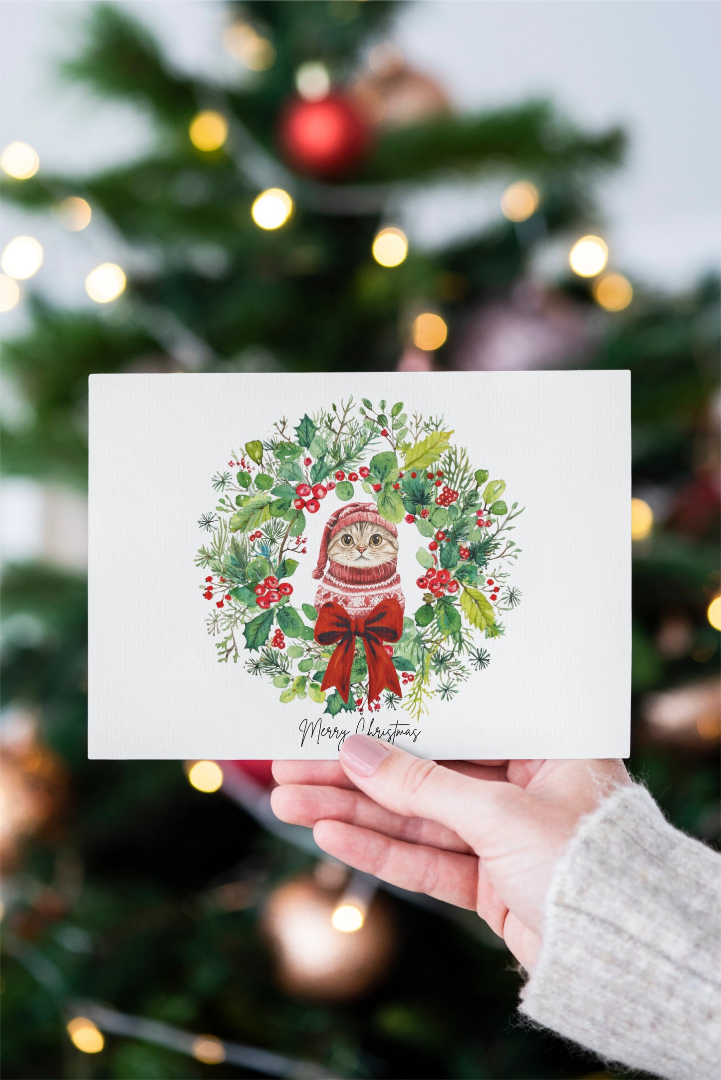 Christmas Card - Cute Cat Christmas Card Festive Wreath Illustration