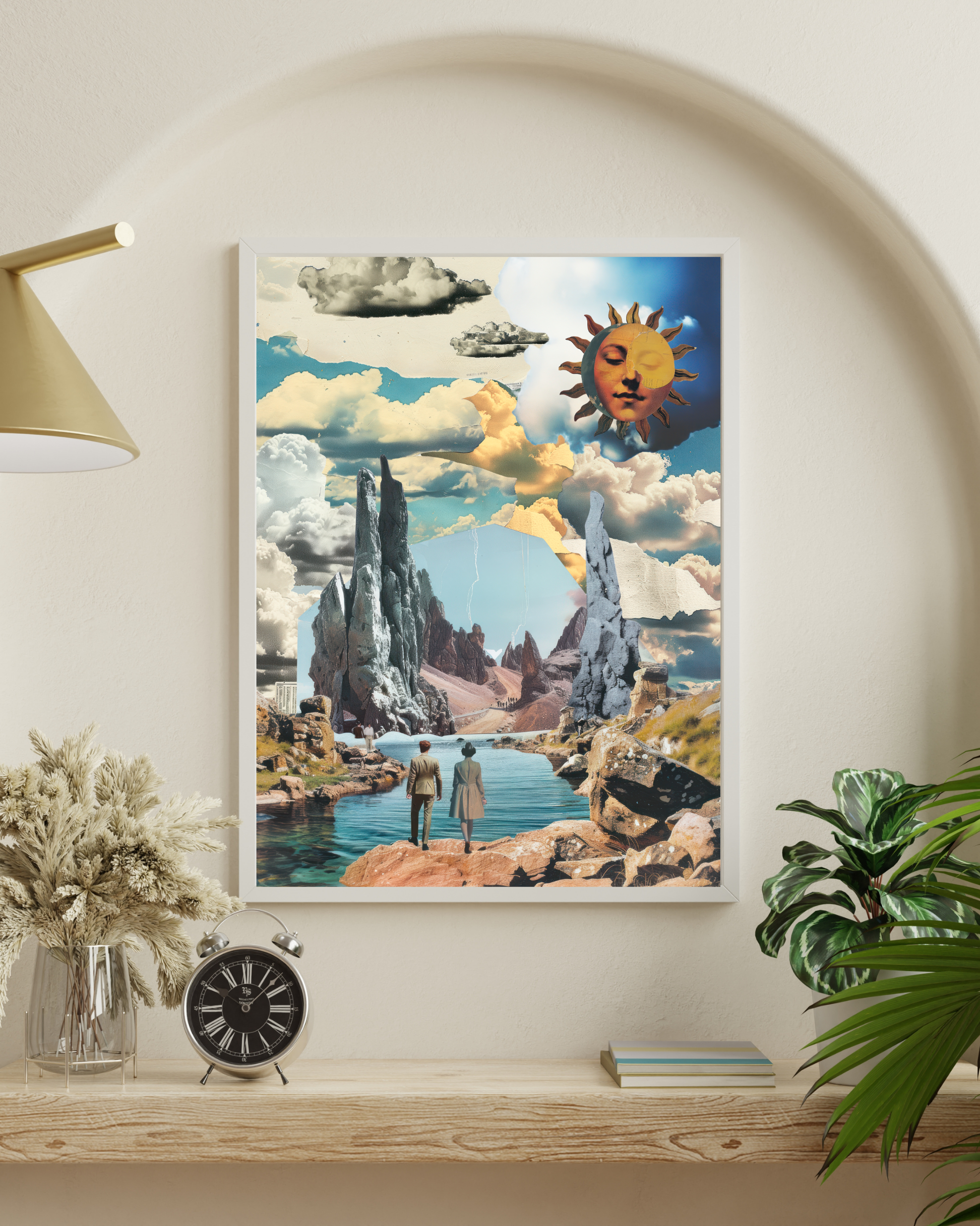 Wall Art Print - Surreal Portal Collage, Dreamscape with Vintage Figures, Cosmic Sun & Fantasy Mountainscape-By The Bard