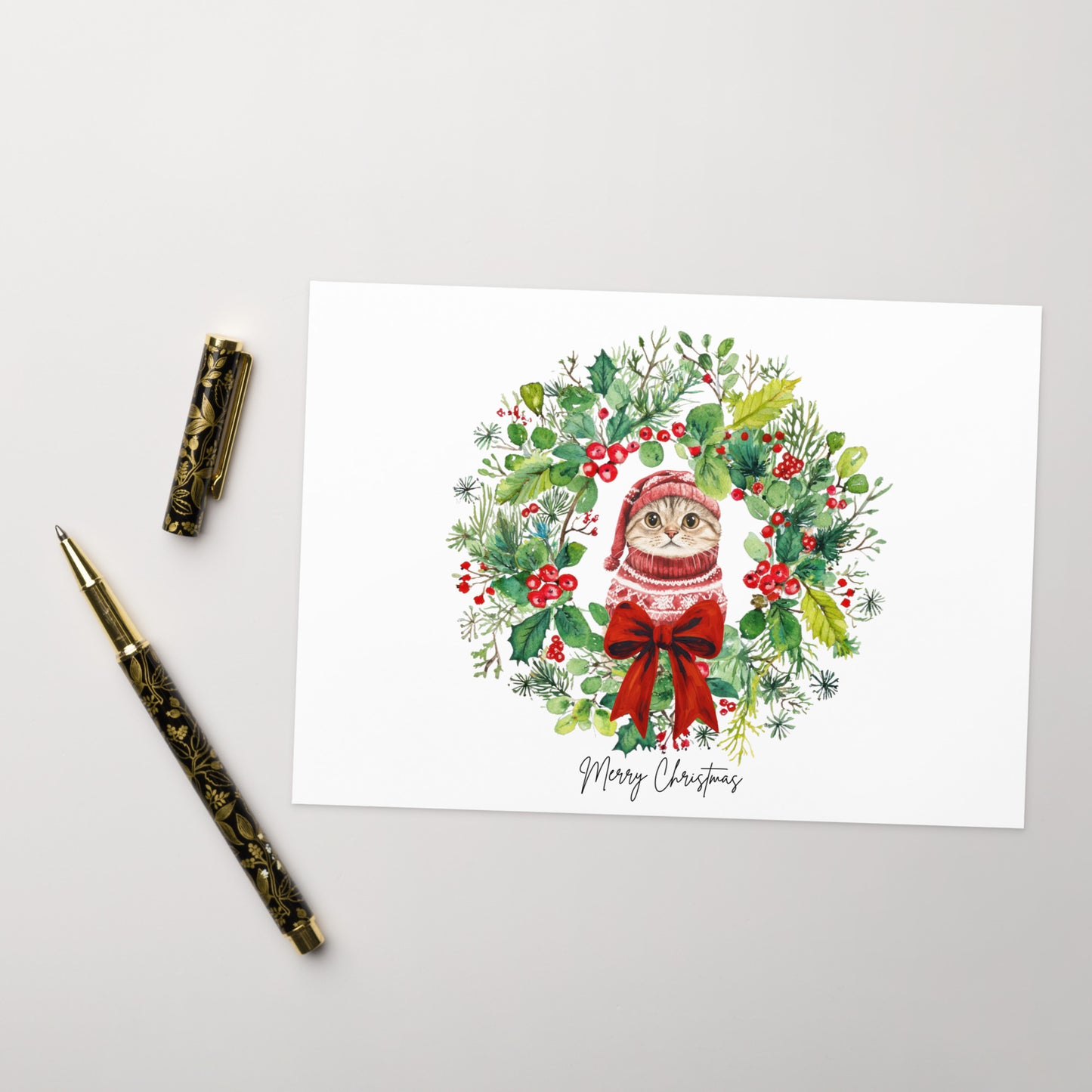 Christmas Card - Cute Cat Christmas Card Festive Wreath Illustration