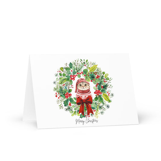 Christmas Card - Cute Cat Christmas Card Festive Wreath Illustration