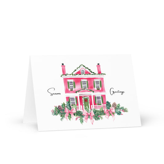 Christmas Card - Festive Pink House Seasons Greetings Card