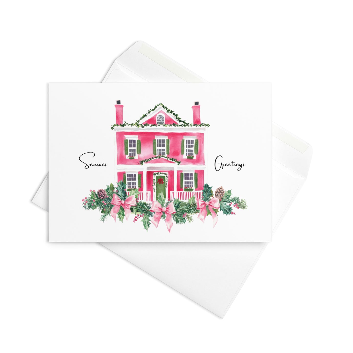 Christmas Card - Festive Pink House Seasons Greetings Card