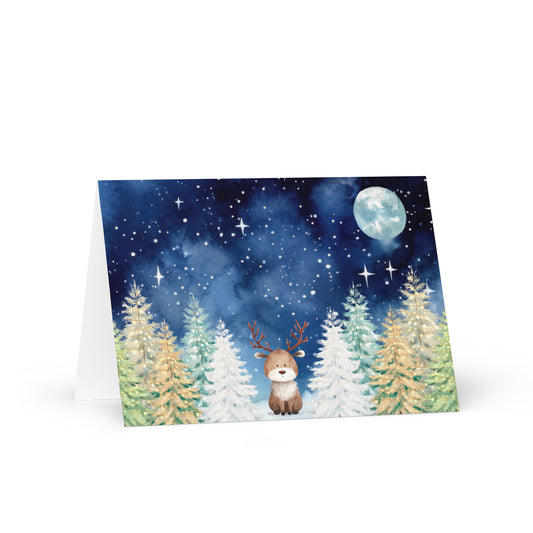 Christmas Card -  Cute Reindeer Starry Winter Landscape
