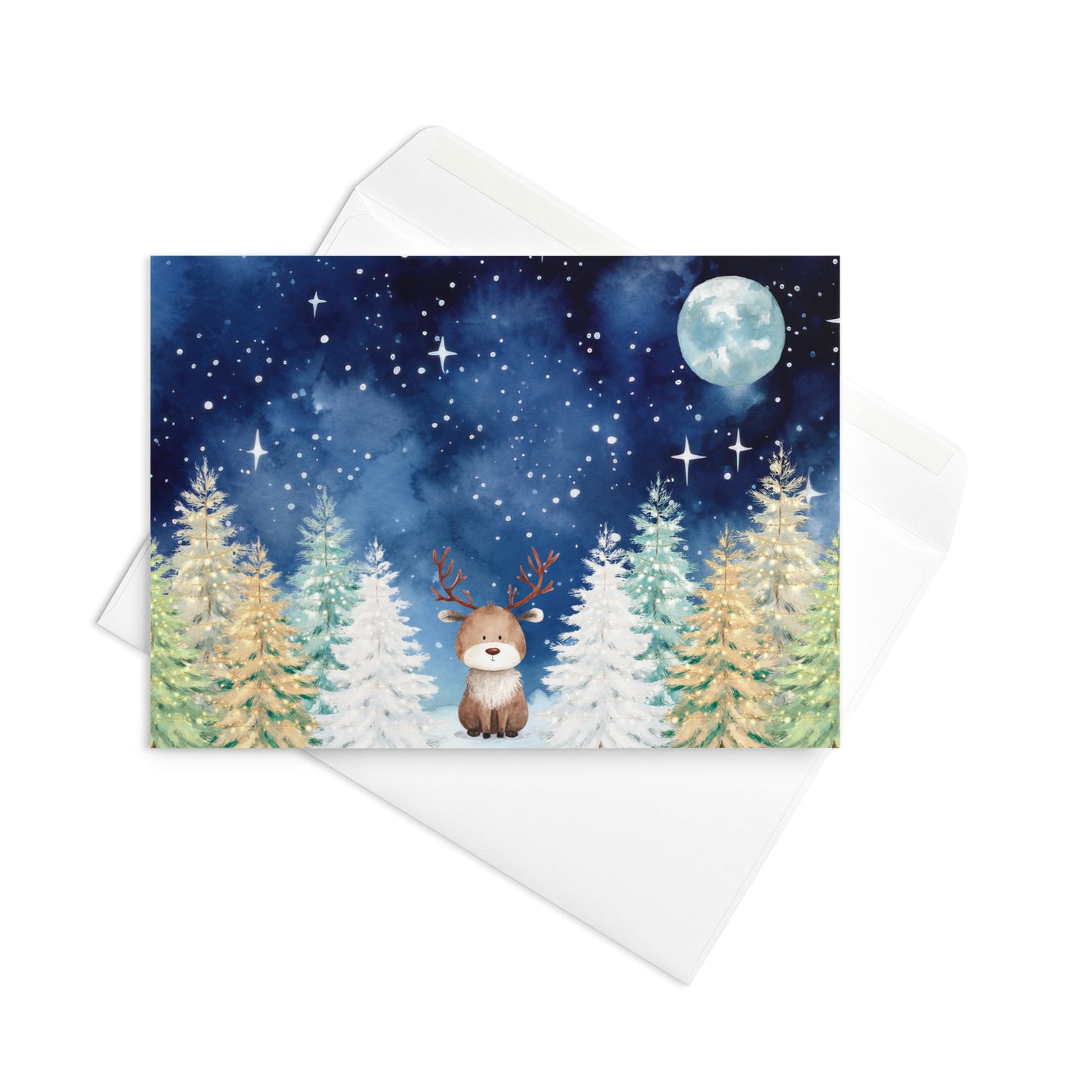 Christmas Card -  Cute Reindeer Starry Winter Landscape