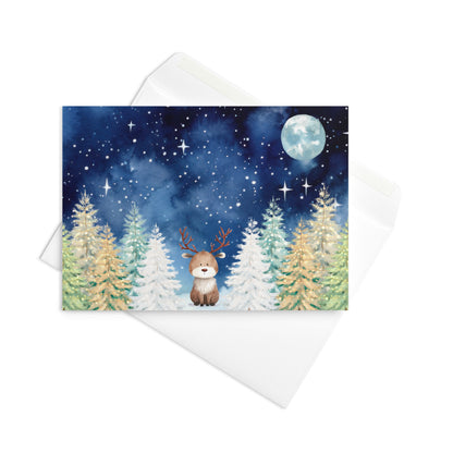 Christmas Card -  Cute Reindeer Starry Winter Landscape