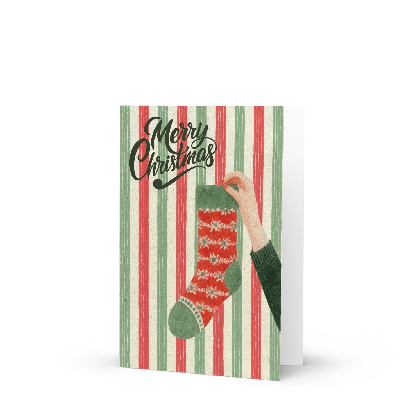 Christmas Card - Retro Merry Christmas Stocking Greeting Card Cosy Festive Striped Design