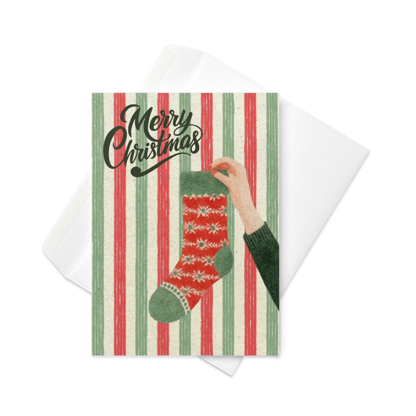 Christmas Card - Retro Merry Christmas Stocking Greeting Card Cosy Festive Striped Design